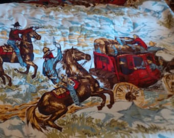 Full/Queen Size Quilt - Stagecoach, Cowboys Fabric Print - Vintage Beadspread, quilted into Blanket - soft & snugly