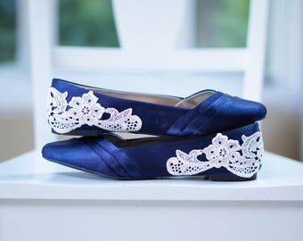 Blue Wedding Flats White Satin Shoes Blue Bridal Flat shoes