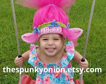 Trolls hat, child size, made to order, Poppy hat, Pink Troll hat, Trolls birthday party