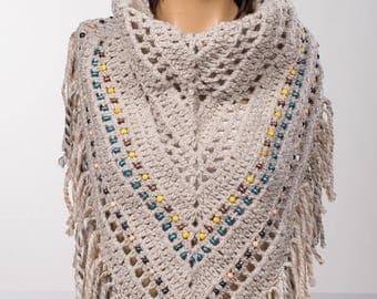 Crochet Scarf Shawl. Wool blend thick scarf or shawl. Stone color knitted shawl WRAP.