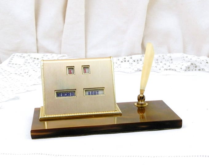 Vintage French Mid Century Metal and Perspex Perpetual Calendar and Pen Holder, Retro Midcentury Office Decor, Vintage 1960s Desk Tidy