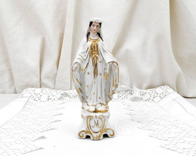Antique French Bone China Virgin Mary / Our Lady Statue White and Gold Glazed, Religoius Porcelain de Paris Madonna Statue Made in France