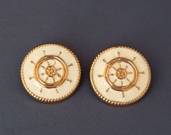 Vintage Ship's Wheel Earrings White Enamel Gold Tone, Nautical Jewelry Beach Boating