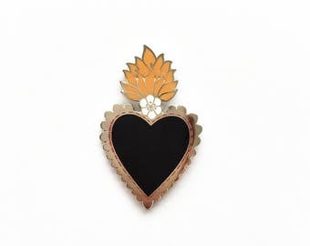 Mexican Sacred Heart Enamel Pin Lapel Pin Badge - Silver w/Black Heart, Orange Flames & White Flower Hard Enamel