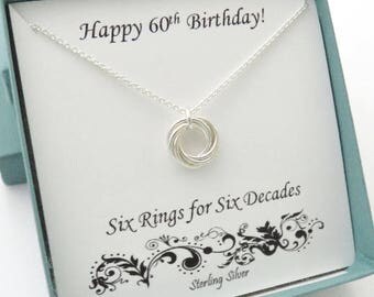 60th Birthday Gifts for Women, 60th Birthday, Sterling Silver Necklace, 6th anniversary, 60th anniversary, Six Rings, 60th Birthday Necklace