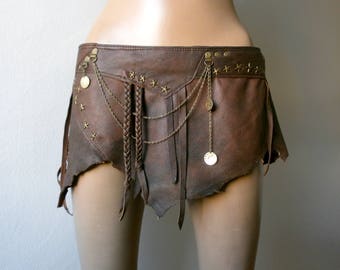 Dream Warriors worn out brown leather mini skirt /loincloth. Burning Man festival fashion bellydance tribal fusion barbarian pixie costume