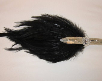 1920s rhinestone flapper Headband Serre Tete wedding party Black Feather with Rhinestones Silver Swarovskis beading Fascinator