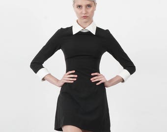 Wednesday Addams Halloween Dress Costume Black dress with White Round or Square Collar