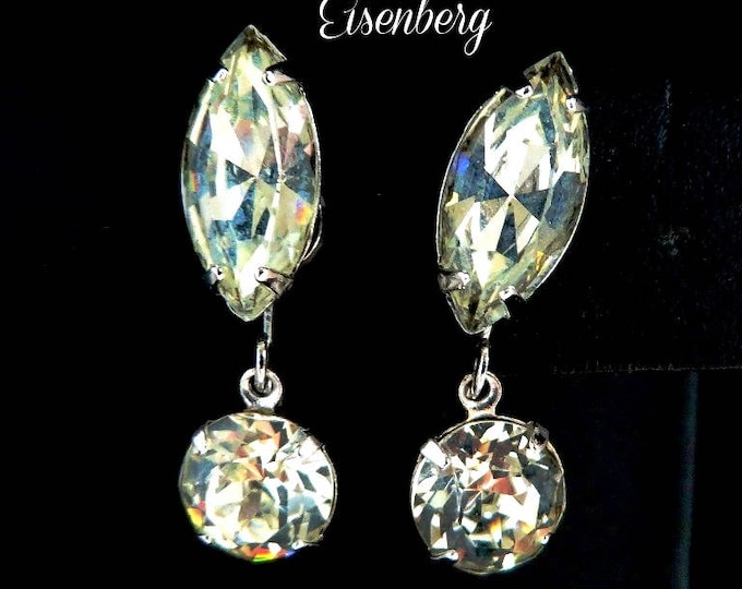 Crystal Earrings, Dangling Clip-ons, Signed Eisenberg Earrings, Vintage Crystal Dangles, Silvertone Clip-on Earrings, Bridal Earrings