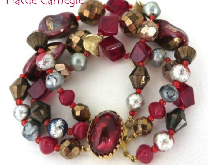 Bracelet, Glass Bead Bracelet, Signed Hattie Carnegie Jewelry, Vintage Jewellery, Triple Strand Beaded Designer Bracelet, Gift for Her