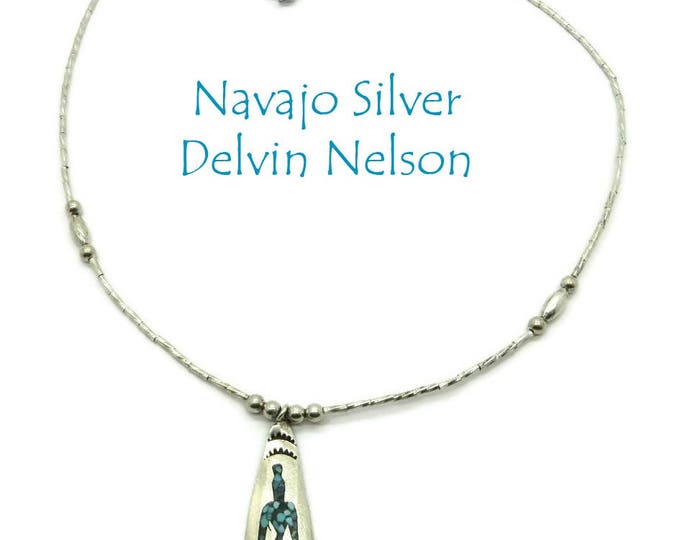 Navajo Silver Pendant Necklace | Vintage Signed Delvin Nelson Jewelry | Turquoise Coral Chip Inlay Pendant Necklace