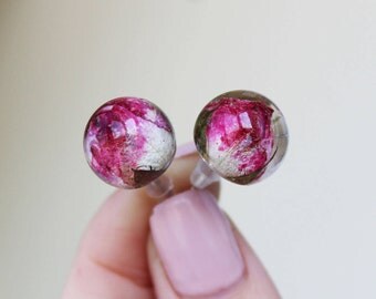 Real Rose Earrings, Small Rose Studs, Flower Resin Jewelry, Terrarium Earrings, Rose Spheres, Eco resin, pressed flower jewelry, Eco resin