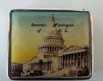 Vintage 1930's Chrome & Celluloid Washington DC Powder Compact Rouge And Powder Compact Art Deco Compact