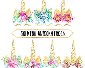 Unicorn Clipart: gold foil, unicorn face, rainbow, flowers, fairy tale, birthday, baby shower, wedding, scrapbook, planner stickers