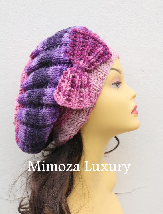 Purple/Pink Woman Hand Knitted Hat with Bow, Beret hat with bow, Purple knit hat, purple slouchy knit women's hat with bow, purple winter