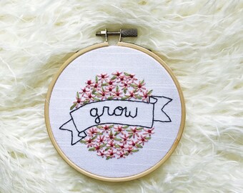 Grow. Growth mindset. Gift for her. Baby Girl Pink Nursery Decor. Baby shower gift. Contemporary Embroidery Wall Art. Floral home decor.