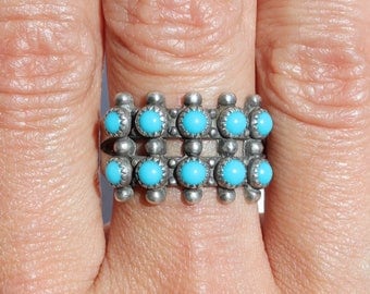 Zuni Petit Point Ring/ Native American Jewelry/ Boho Jewelry/ Double Row Ring/ Turquoise Band Ring/ Snake Eyes Turquoise Ring