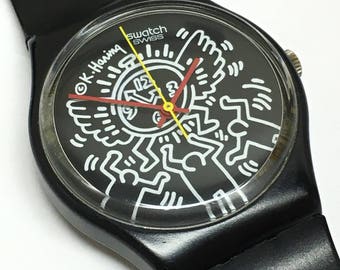 Rare Vintage Keith Haring Swatch Watch Blanc Sur Noir GZ104 1985 Black White Time Flying Clock Case