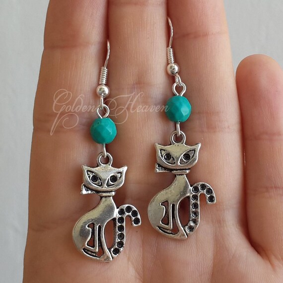 Silver Cats earrings Cats lover gift turquoise earrings 925