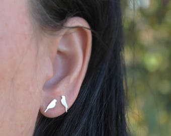 Tiny bird studs, four silver bird earrings, mismatched stud earrings, bird earrings, bird studs, tiny bird jewelry, gift for women, 4 birds