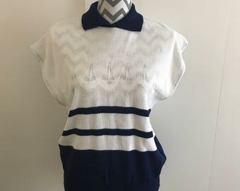 vintage 80s nautical yacht marina white & navy blue knit top