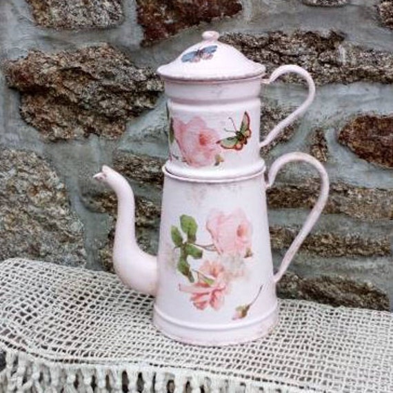 Pink Coffee Pot Hand Painted Jug French Enamelware Cottage