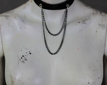 Leather Choker - Black Leather with Chains - Post Apocalyptic Choker - Collar - Submissive Jewelry - Sexy Necklace - Black Chain