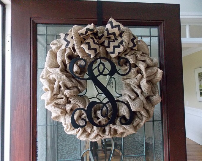 Wreath with Letter S-Wreaths for Front Door-Monogram-Burlap-Wreath-Initial Wreath-Front Door Wreaths-Year Round Wreath