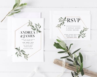 Minimalist Wedding Invitation Suite, the Andrea Suite, Nature Inspired Invite, RSVP, Save the Date, Printable Invite, Floral Rustic Wedding