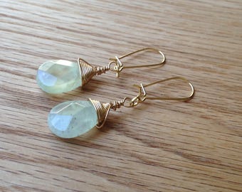 Light Green Quartz Earrings, Wire Wrapped Green Earrings