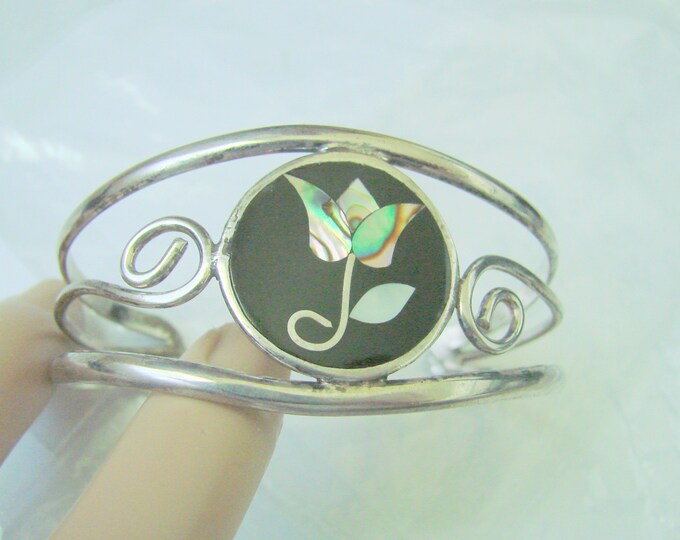 Vintage Alpaca Mexico Black Abalone Floral Inlaid Cuff Bracelet / Jewelry / Jewellery