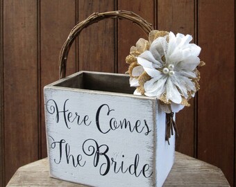 Here Comes the Bride - Rustic Flower Girl Basket - Wood Flower Girl Bucket - Burlap and Lace Wedding Basket - Wedding Pail - Flower Girl
