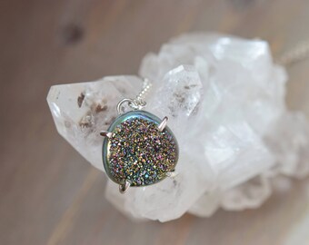 Peacock Druzy Sterling Silver Necklace. Peacock Pendant. Natural Druzy Claw Necklace. Layering Druzy. Maid of Honor Gift. Layering Necklace