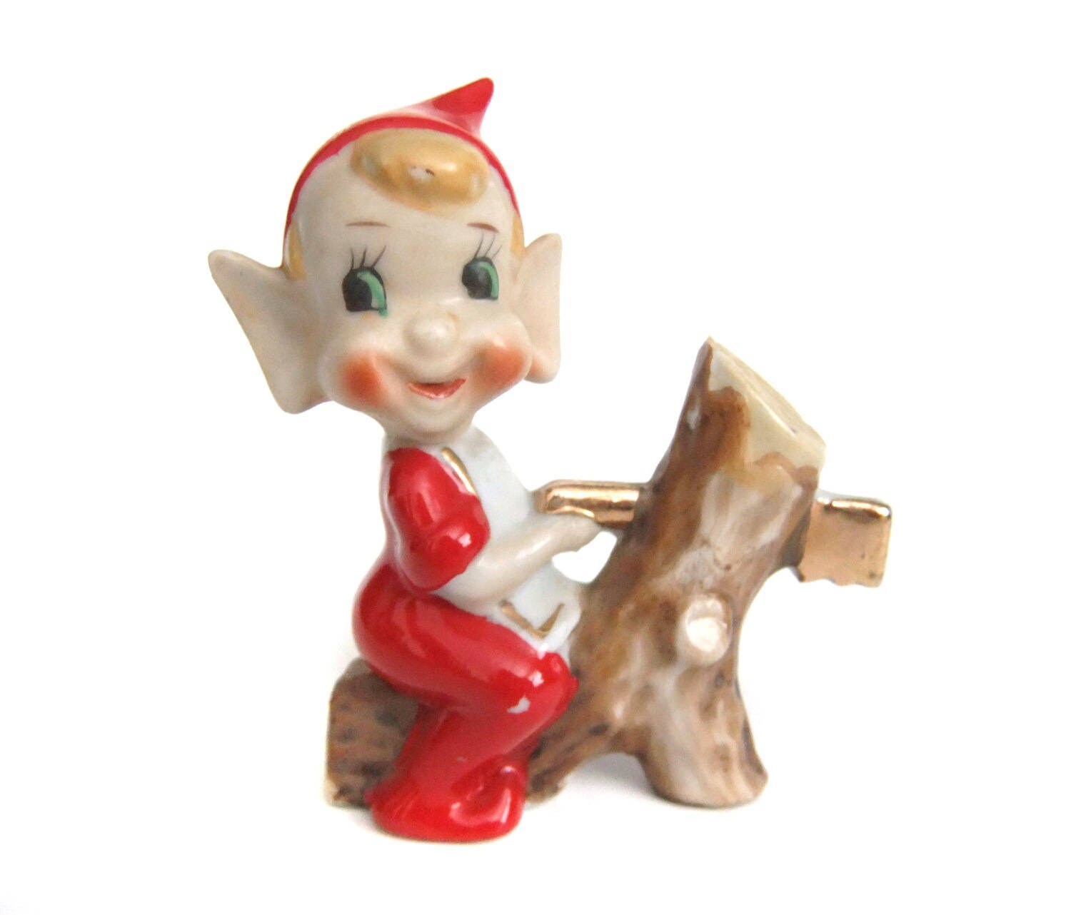 Vintage Elf Figurine sawing a log branch made in Japan Boy