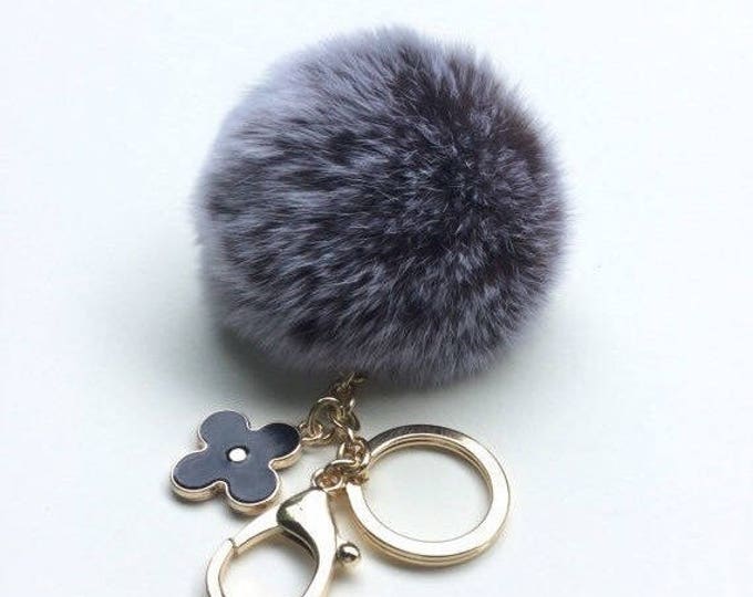 Brown frost fur pom pom keychain REX Rabbit real fur puff ball with flower bag charm keyring