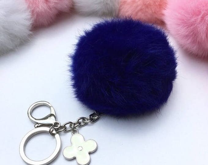 Silver Summer Series Navy Rabbit fur pompom keychain ball with flower bag charm