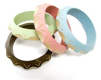 Carved Wood Bangles _ 4 Colors Set