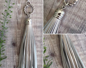 Metallic Champagne Long Silver Leather Tassel Necklace