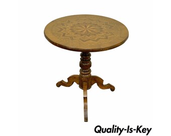 19th C Antique Italian Sorrentino Parquetry Inlaid Round Pedestal Center Table