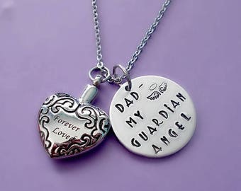 Memorial Necklace, Cremation Urn Pendant Necklace, Hand Stamped I Used to Be His Angel Now He's Mine, Memorial Jewelry, Remembrance Necklace
