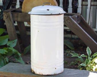 Antique Trash Can, Enamelware Trashcan, Farm house, Rustic Waste Basket, Primitive Porcelain, Shabby Chic White Enamel Ware Garbage Can