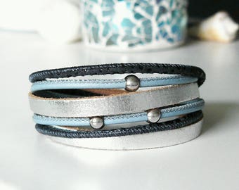 New: leather strap, silver, blue, bracelet, Bead Bracelet, genuine leather bracelet, leather wrap bracelet, bracelet double wrapped, stainless steel