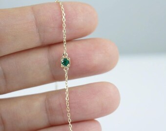 14K solid gold solitaire emerald bracelet, single emerald bracelet, gold layering bracelet, dainty delicate bracelet, gold everyday bracelet