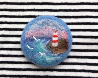 Needle felted brooch "Lighthouse". Felted landscapes.Wool felt brooch hand made. Войлочная брошь "Маяк". Валяная брошь. Пейзаж из шерсти.