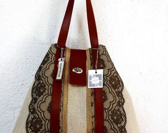 TOTE BAG IN LINEN AND LACE/TAN LEATHER HANDLES