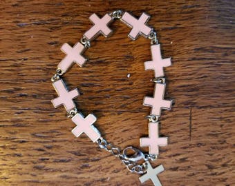 Vintage Pink Cross bracelet....enamel crosses....silvertone metal
