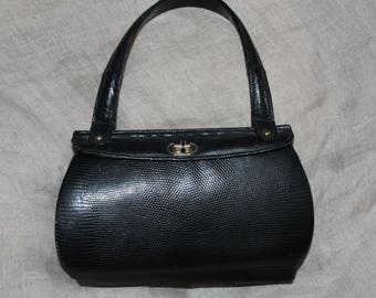 Sac minaudière année 50's cuir noir Vintage lézard véritable bourse porté main Haute couture excellent état