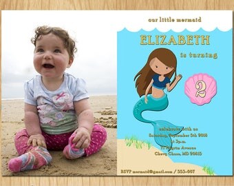 Our Little Mermaid Printable Mermaid Invitation Birthday, Beach Party Invite with Seashell, Birthday Invitation, Brown Hair, Printable K0026