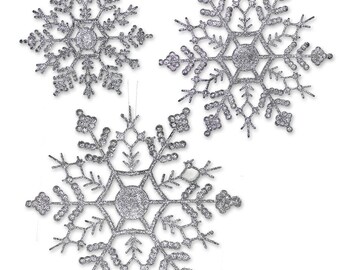 Silver Snowflakes - 36 Asst Sized Snowflake Ornaments - 12 each of 4 inch - 5 inch - 6 inch - Silver Glitter Snowflake 3539