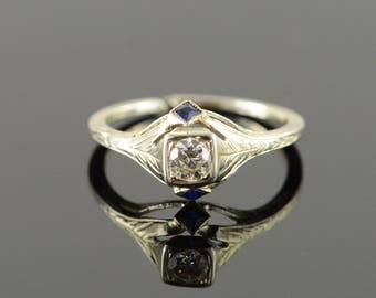 18k Art Deco 0.25 CTW Sapphire Diamond Engagement Ring Gold